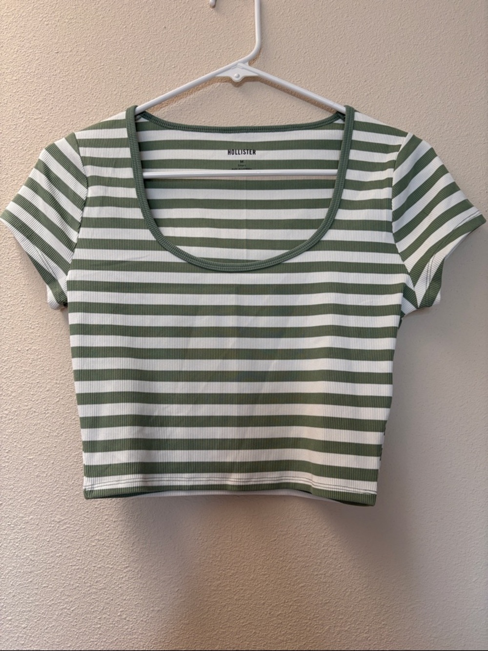 Hollister Olive Green & White Striped Ribbed Scoop Crop Top